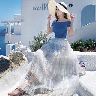Set: Off-shoulder Short-sleeve Top + Maxi Skirt