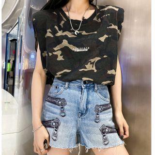 Print Oversized Sleeveless Tank Top Camouflage - One Size