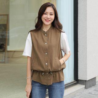 Snap-button Drawcord-hem Cotton Vest