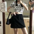 Puff-sleeve Floral Print Frill Trim Crop Top / A-line Mini Skirt