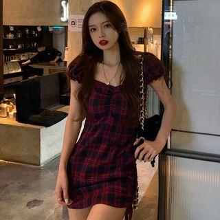 Puff-sleeve Square-neck Plaid Drawstring Mini Sheath Dress