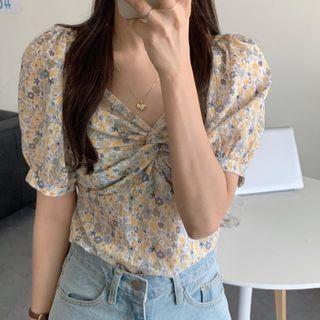 Puff-sleeve Floral Cropped Blouse Floral - Blue & Yellow - One Size