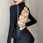Strappy Back Mock Neck Plain Top Black - One Size