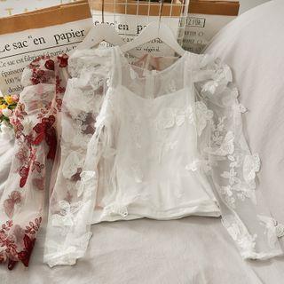 Set: Butterfly-embroidered Sheer Mesh Top + Cami