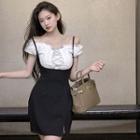 Puff-sleeve Lace-up Blouse / Mini Bodycon Overall Dress
