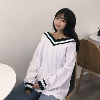 Distressed V-neck Striped Trim Sweatshirt