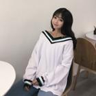 Distressed V-neck Striped Trim Sweatshirt