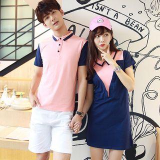 Couple Matching Color Panel Short Sleeve Polo Shirt / Short Sleeve Polo Shirt Dress