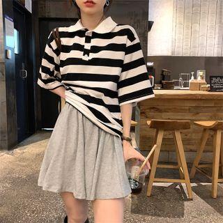 Short-sleeve Striped Polo Shirt / A-line Skirt
