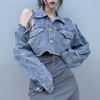 Cold-shoulder Distressed Cropped Denim Jacket