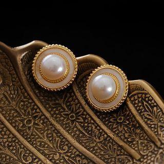 Genuine Pearl Stud Earring 1 Pair - Gold - One Size