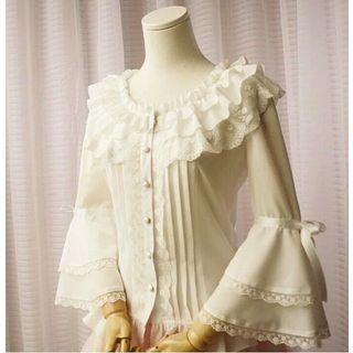 Bell Sleeve Lace Trim Ruffle Blouse