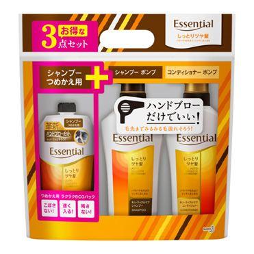 Kao - Essential Auto Smooth Technology Set (moist): Shampoo 480ml + Conditioner 480ml + Shampoo (refill) 340ml 2 Pcs