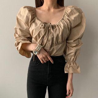 Drawstring Ruched Bell-sleeve Blouse