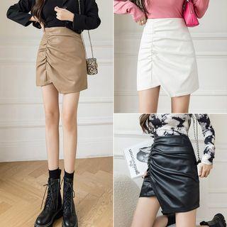 High Waist Shirred Asymmetrical A-line Faux Leather Skirt