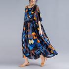 Elbow-sleeve Print Midi Dress As Shown In Figure - One Size