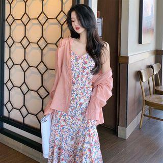 Spaghetti Strap Floral Print Midi A-line Dress / Flared-cuff Shirt