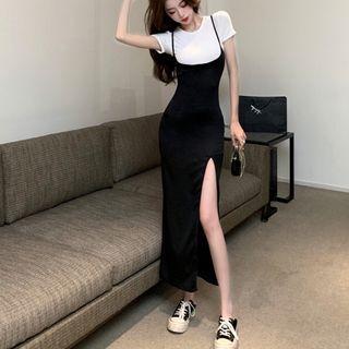Set: Short-sleeve Knit Top + Overall Dress