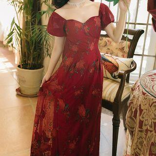 Short-sleeve Embroidered Maxi A-line Dress