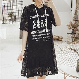 Lettering Lace Elbow Sleeve Hoodie Dress