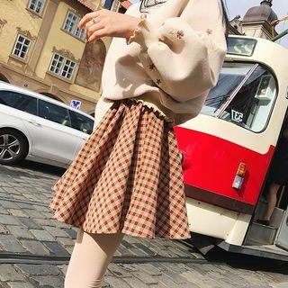Set: Embroidered Pullover + Plaid A-line Skirt