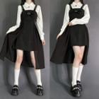 Heart Button Bow Jumper Skirt / Long-sleeve Stand-collar Cut-out Shirt