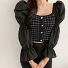Puff-sleeve Check Cropped Knit Top