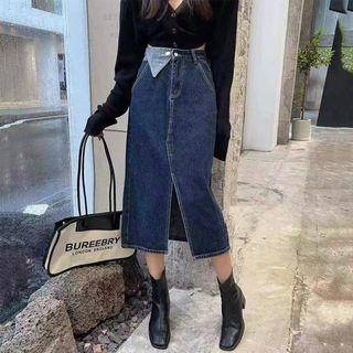 Asymmetrical Midi Denim Pencil Skirt