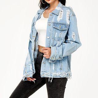 Distressed Denim Jacket Light Blue - 2xl