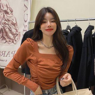 Long Sleeve Square Neck Plain Crop Top Brick Red - One Size