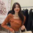 Long Sleeve Square Neck Plain Crop Top Brick Red - One Size