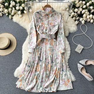 Shirt Collar Print Long-sleeve Accordion Pleat Dress