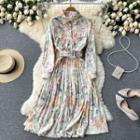 Shirt Collar Print Long-sleeve Accordion Pleat Dress