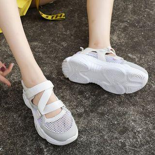 Mesh Panel Adhesive Strap Platform Sandals