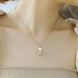 Stainless Steel Faux Pearl Angel Pendant Necklace 005 - Plated Rose Gold - One Size