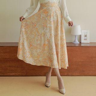 Band-waist Flared Long Floral Skirt