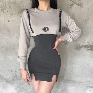 Set: Spaghetti Strap Mini Bodycon Dress + Lettering Cropped Sweatshirt