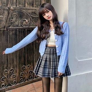 Cropped Cardigan / Plaid Mini Skirt / Spaghetti Strap Top