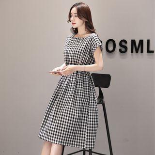 Cap-sleeve Square Neck Checker Shirt Dress