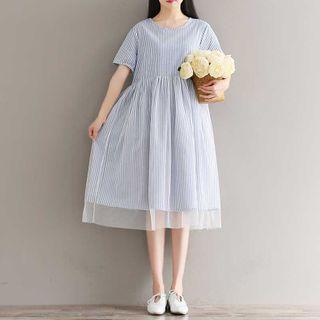 Striped Short-sleeve Mesh Overlay A-line Dress