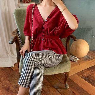 V-neck Elbow-sleeve Top / Crop Skinny Pants