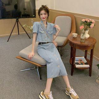 Short-sleeve Denim Crop Shirt / Midi Pencil Skirt