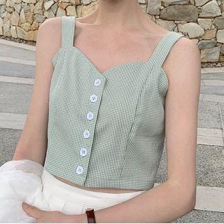 Wide Strap Gingham Button Cropped Top