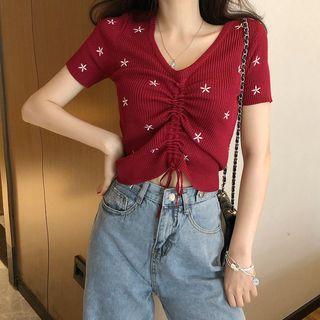 Embroidered Drawstring Short-sleeve Knit Top