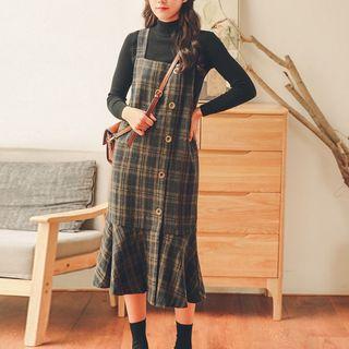 Mock-neck Sweater / Plaid Midi Jumper Dress