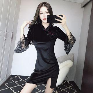 Lace Trim Flared-sleeve Mini Sheath Dress