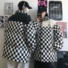 Couple Matching Checkerboard Faux Leather Panel Padded Zip-up Jacket