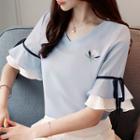 Short-sleeve Embroidered V-neck Chiffon Top