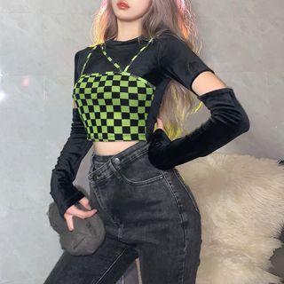Mock Two-piece Long-sleeve Cutout Plaid Panel Top