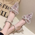 Pointed Lace Faux Pearl Ankle Strap Dorsay Pumps